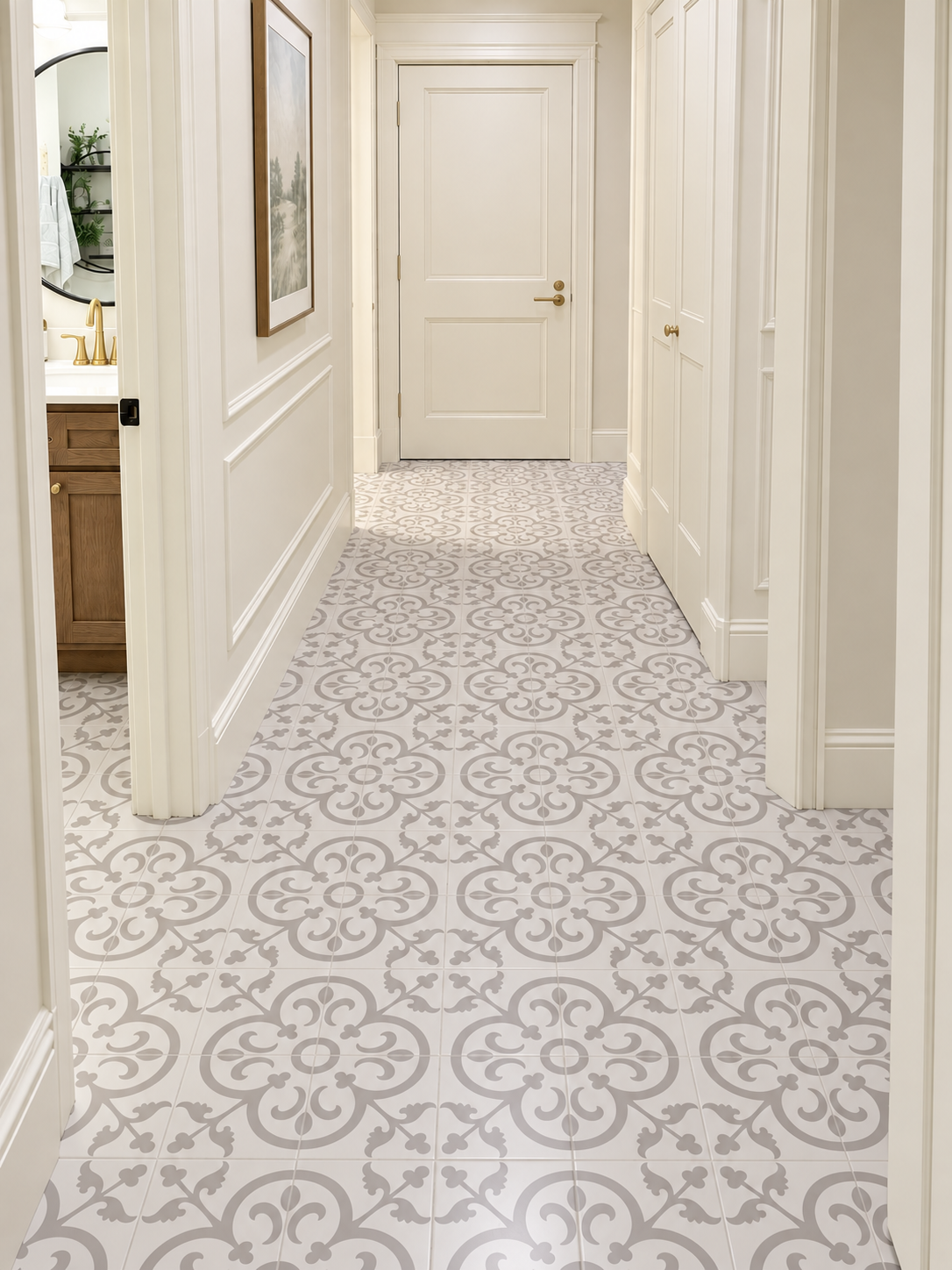 Patterned tile floor before microcement goes over it