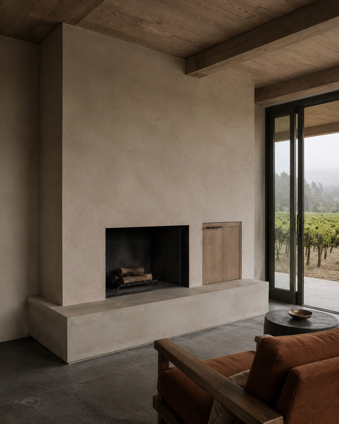 Microcement fireplace wall in a living room