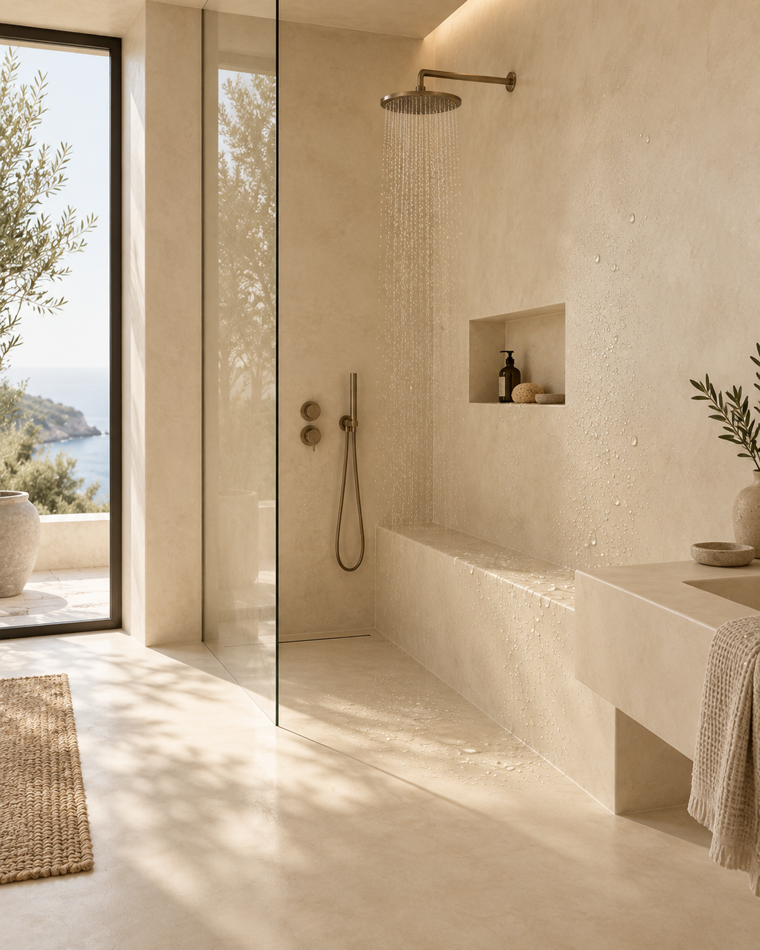 Microcement shower with a built-in bench