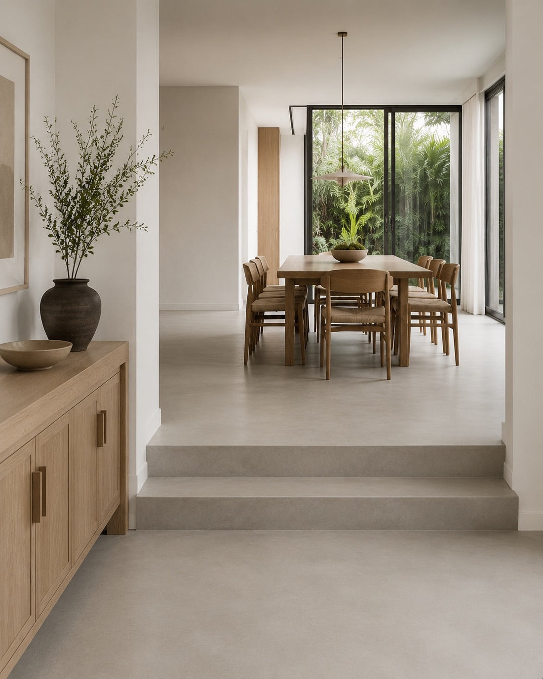 Seamless floor running through a dining space