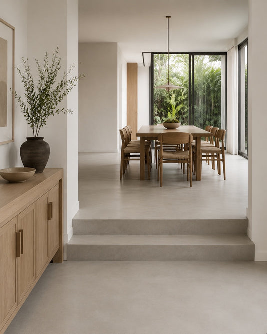Seamless floor running through a dining space