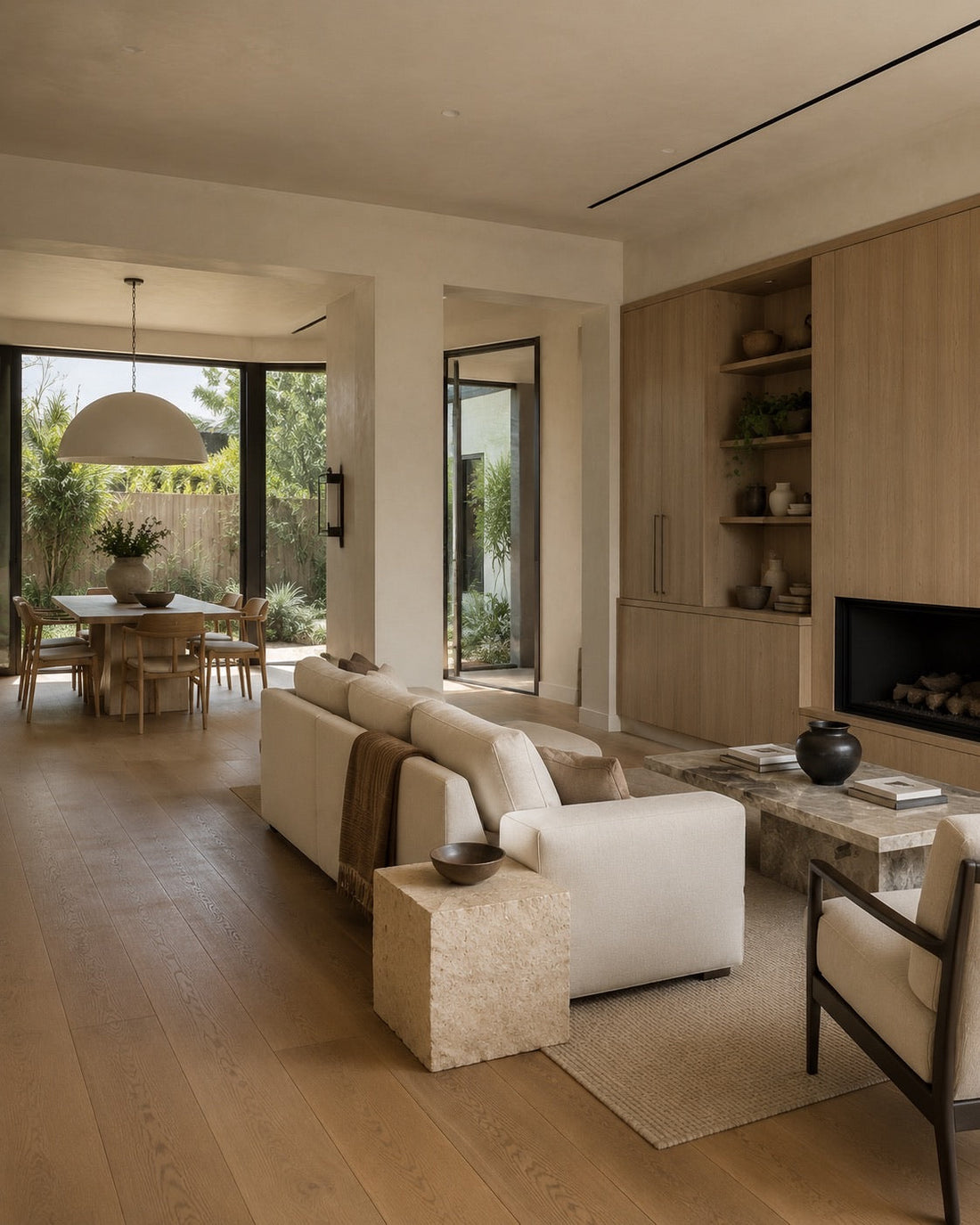 Open-plan living space with a continuous microcement floor
