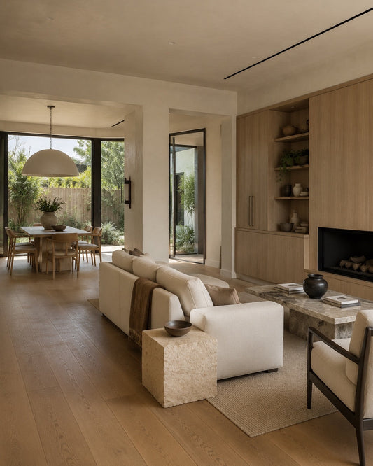 Open-plan living space with a continuous microcement floor