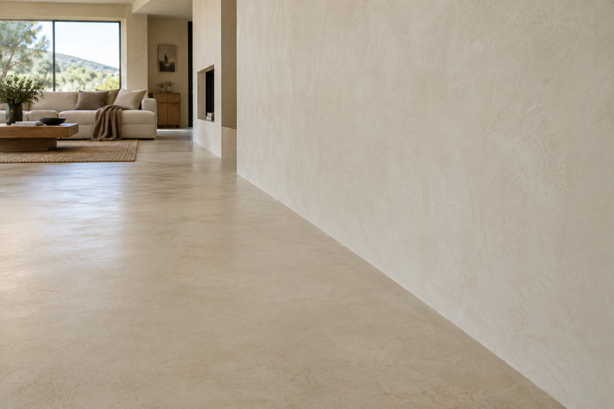 A dining room with a continuous Microvella microcement floor and steps